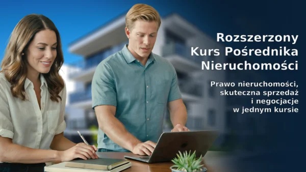 Kompleksowy kurs na pośrednika nieruchomości. Jest to kurs online i przeznaczony jest dla wszystkich którzy chcą pracować w agencjach nieruchomości. Dzięki temu szkoleniu agent i pośrednik nieruchomości zdobędą wiedzę zarówno o prawie jak i o technikach sprzedaży i negocjacji w agencji nieruchomości. Ikona kursu pośrednika nieruchomości online