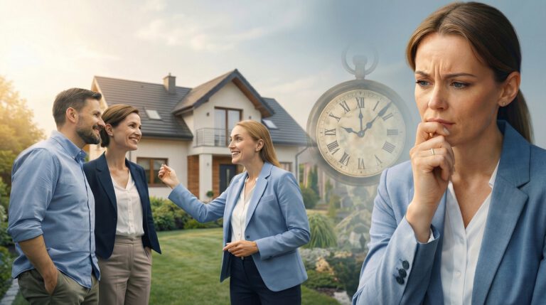 Pośrednik nieruchomości pokazuje dom klientom, obok zamyślona agentka – ilustracja do case study o rezygnacji po prezentacji